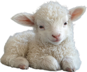 Fototapeta premium A lamb, lying down and facing slightly to the side lamb has white, fluffy wool and a pink nose cutout PNG on transparent background
