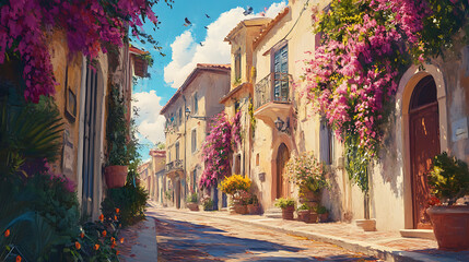 Fototapeta premium Oil painting depicting italian villas and flowers on the streets