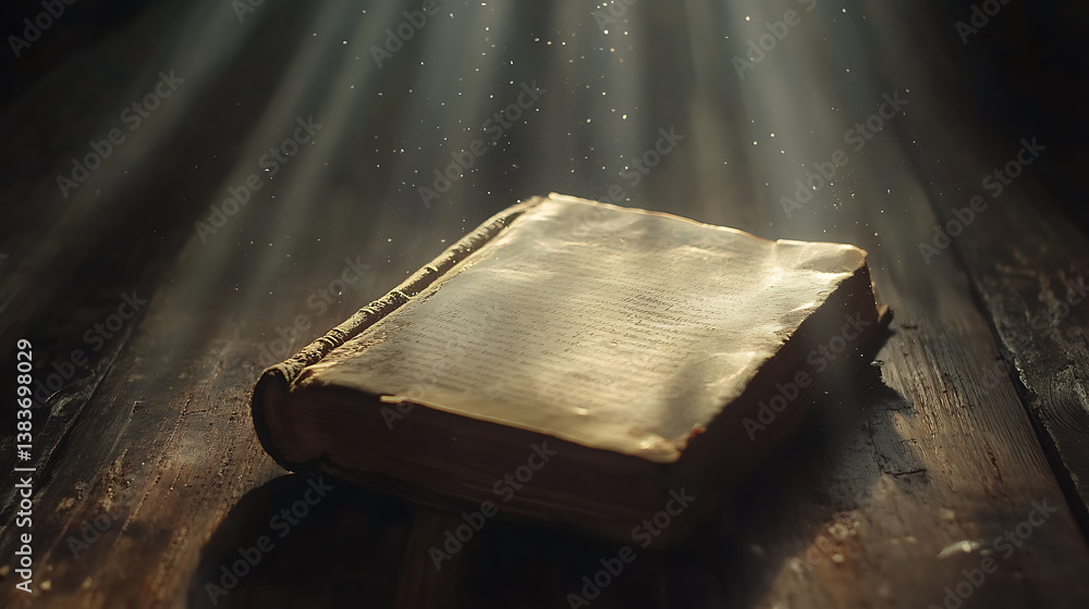 Poster old magic book on wooden table with light rays coming out form the inside
