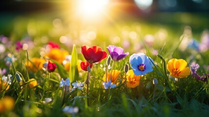 Close-up of vibrant wildflowers in various colors emerging from lush green grass with a bright, melting sun in the background
