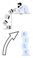 Man pushes letter blocks spelling RISK near edge, showing danger. Arrow points upwards past blocks, symbolizing success. Ideal for risk management, decisions, growth, business strategy, leadership