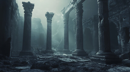 Old temple ruins with weathered columns on sea bottom, destroyed ancient city hidden by dark underwater, lost civilization 3d illustration