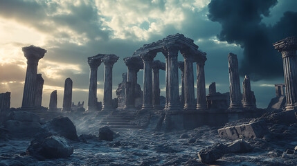 Old temple ruins with weathered columns on sea bottom, destroyed ancient city hidden by dark underwater, lost civilization 3d illustration