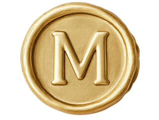 Elegant gold wax seal with letter M showcasing classic design on a transparent background, cut out