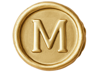 Elegant gold wax seal with letter M showcasing classic design on a transparent background, cut out