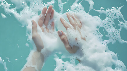 Fototapeta premium On a light blue background, hands are bathed in soap foam