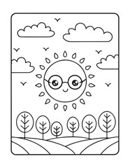 Cute kawaii summer coloring pages, kawaii animals coloring pages, summer, summer coloring page, bold & easy coloring pages, line art, vector illustration, black & white designs, kawaii characters