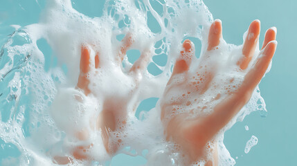 On a light blue background, hands are bathed in soap foam