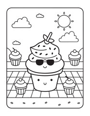 Cute kawaii summer coloring pages, kawaii animals coloring pages, summer, summer coloring page, bold & easy coloring pages, line art, vector illustration, black & white designs, kawaii characters