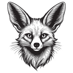 Fennec fox head. Monochrome drawing of a desert fox with large ears. Wild animal.