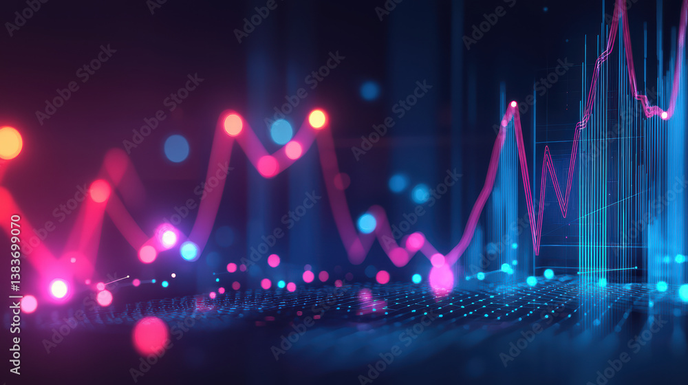 Poster dynamic market trends: a vibrant digital visualization depicts fluctuating financial market trends, 
