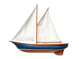 Wooden sailboat with white sails on calm water in a sunny setting on a transparent background, cut out