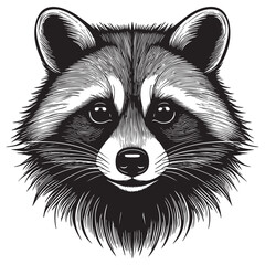 Raccoon. Black and white vector illustration. Drawing of a masked animal's face. Wild animal portrait