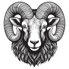 Ram head with large, curled horns. Illustration of a horned sheep's face. Wild animal in linocut style