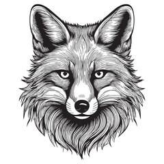 Red fox head. Black and white vector illustration of a wild animal. Graphic portrait of a fox. 