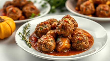 Meatballs in Tomato Sauce with Herb Garnish – Cozy Comfort Food Styled with Autumn Decor