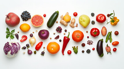 Organic and healthy fruits and vegetables on white background, top view, copy space, world vegan day