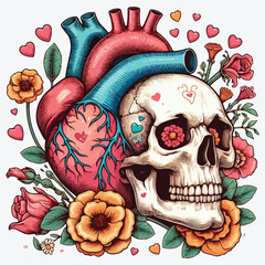 Skull, Hearts and Flowers Vector Illustration stock illustration