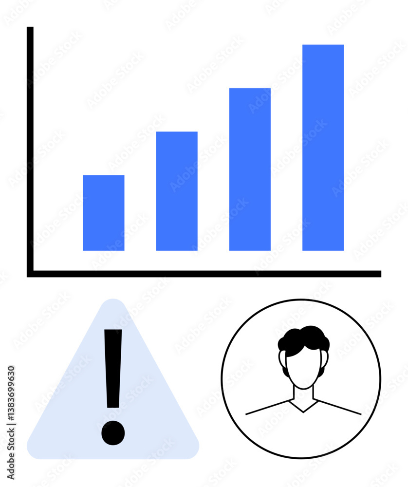 Poster bar graph depicting rising metrics, exclamation mark inside warning triangle, and user outline. idea