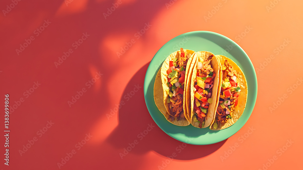 Aufkleber overhead view of a plate of fresh mexican tacos on a bright color background