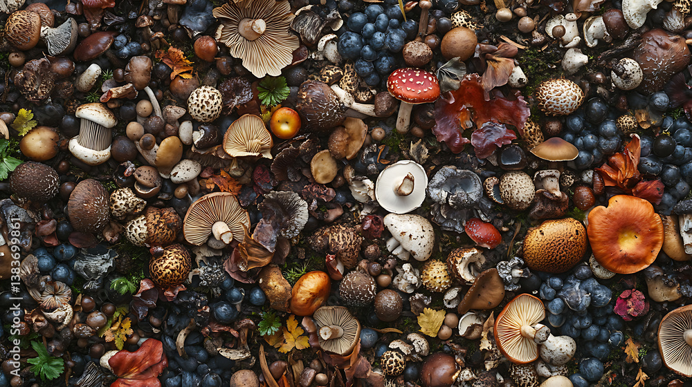 Poster Overhead flat lay view of different varieties of mushroom and fungi