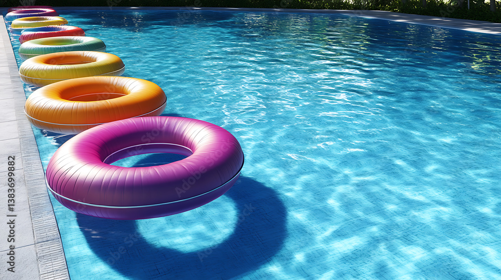 Poster Overhead view of a swimming pool with pool ring floats