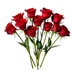 Obraz premium A beautiful bouquet of red roses, a classic floral gift symbolizing love and romance, features vibrant red blossoms and green leaves, isolated to highlight its natural beauty