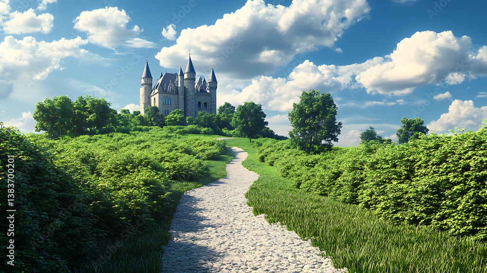 Poster palace with towers, green fields with a path and bushes under a blue sky with white clouds 3d illust