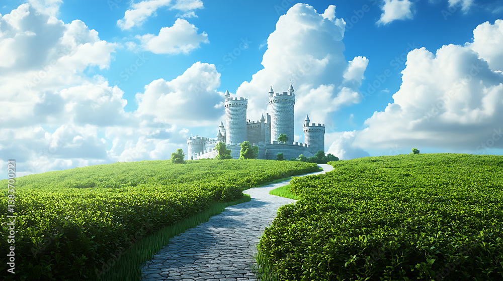 Poster palace with towers, green fields with a path and bushes under a blue sky with white clouds 3d illust