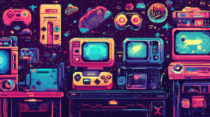 Fototapeta premium Pixelated Retro Gaming Setup: A colorful collection of vintage gaming consoles and accessories arranged in a retro pixel art style, showcasing the nostalgia and charm of classic video games.