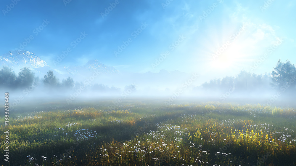 Poster panoramic view of a foggy meadow with grass and trees in the background, mountains in the far distan