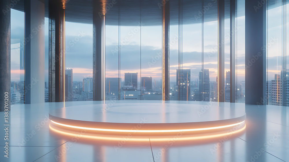 Aufkleber Perspective view on blank white floor with place for product or car presentation in empty room with led lights on top, 3d rendering, mock up
