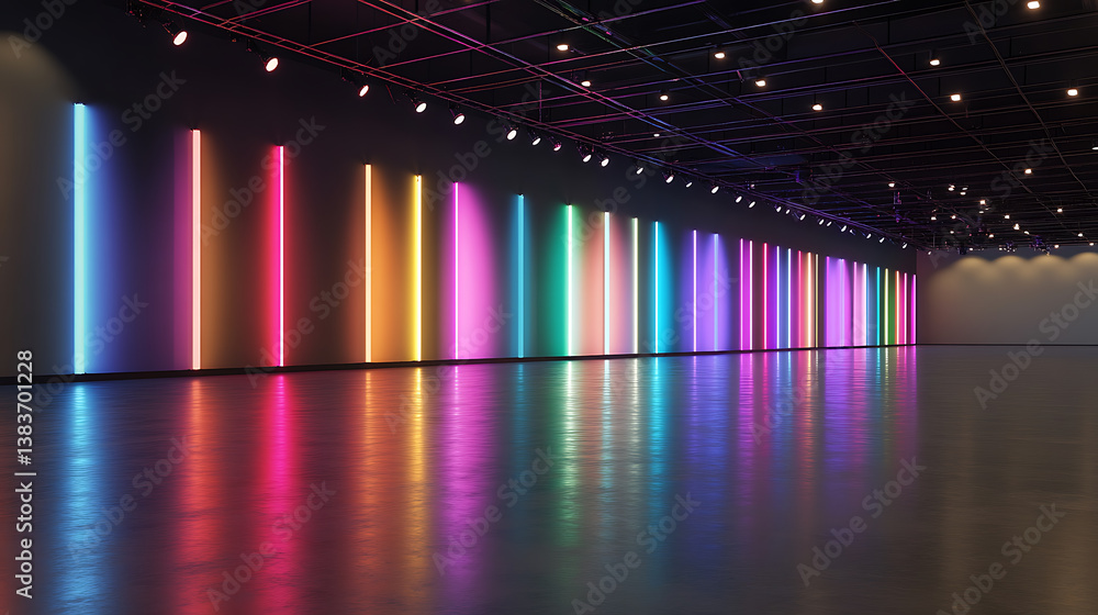 Aufkleber perspective view on multi colored neon lamps along dark wall in spacious empty hall with blank concr