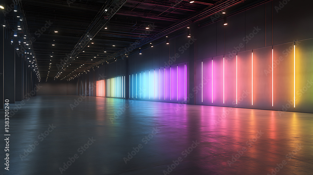 Poster perspective view on multi colored neon lamps along dark wall in spacious empty hall with blank concr