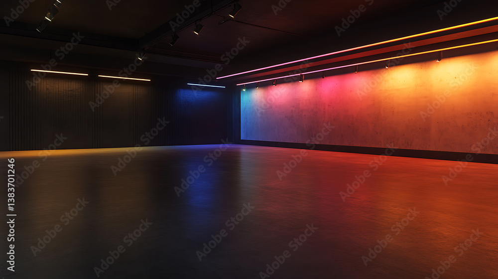 Aufkleber perspective view on multi colored neon lamps along dark wall in spacious empty hall with blank concr