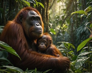 Majestic orangutan mother cradling baby in Borneo rainforest with morning sunlight