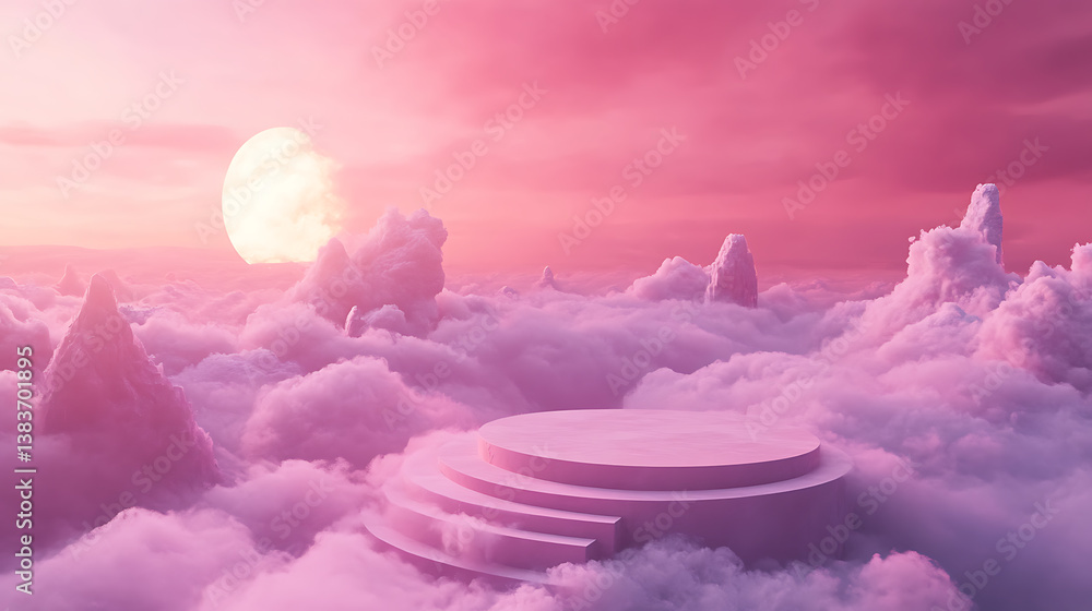 Leinwandbilder pink rendering with podium and minimal cloud scene, minimal product display background 3d rendered g