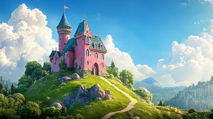 Naklejka premium Pink castle on a green hill, green trees, blue sky