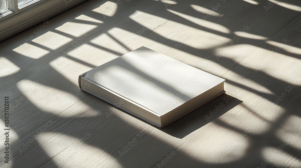 Aufkleber plain white book on sunlit table with shadow patterns in daylight