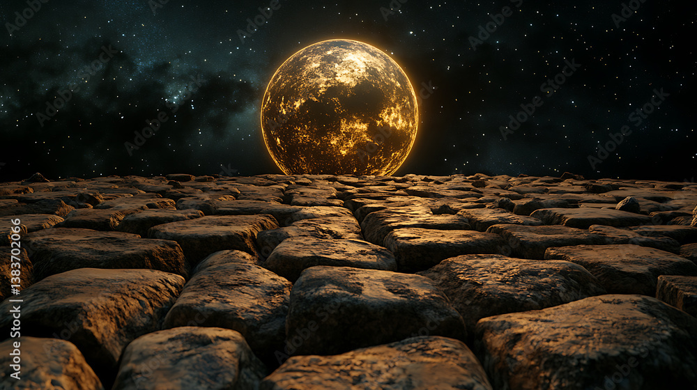 Poster planet covered with cobblestones, space background with rocks under the night sky and shining moon s