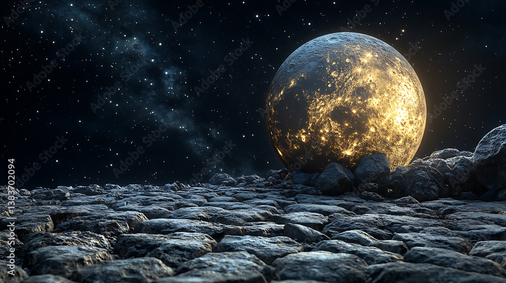Poster Planet covered with cobblestones, space background with rocks under the night sky and shining moon sphere