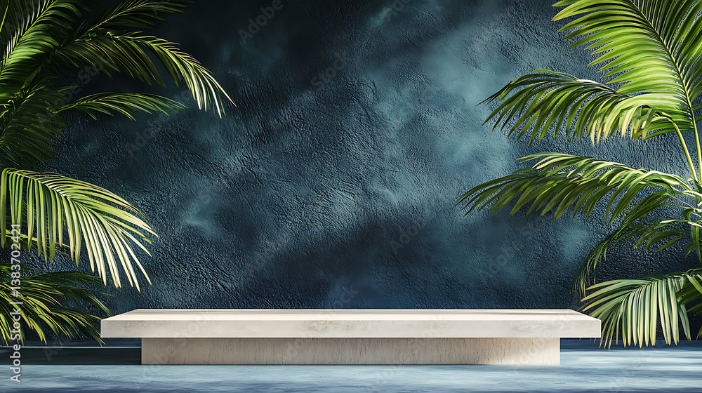 Poster podium scene with palm leaf summer platform, background display 3d rendering with podium, podium, pe
