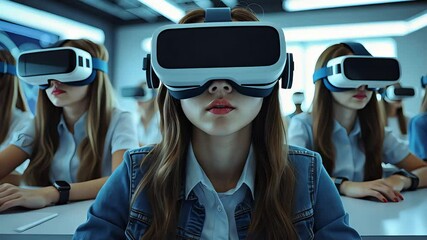 School students wearing virtual reality headsets seated in classroom, engaging with immersive digital learning technology in modern education

 - Powered by Adobe