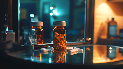 Prescription opioids, with bottle of many pills on the mirror light table, concept of addiction, opioid crisis, overdose and medicine shopping