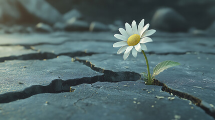 Prevailing against all odds concept with daisy flower growing from crack in the asphalt, illustration