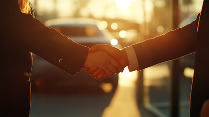 Professional handshake at car dealership with sunflare