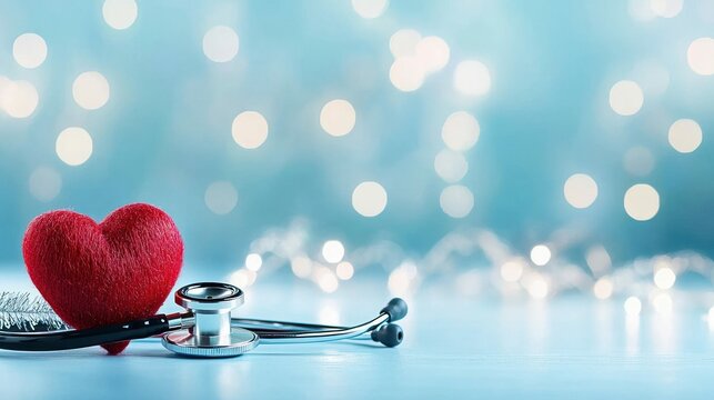 A stethoscope and a heart symbol, promoting healthcare and medical concepts on a blue backdrop.