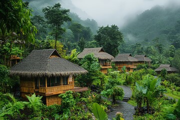 Beautiful bamboo lodges nestled in lush green tropical rainforests environment