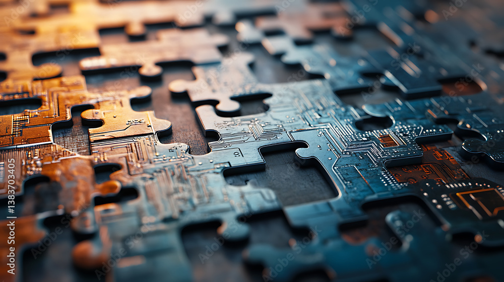 Aufkleber Puzzle pieces with circuit patterns symbolizing microservices integration