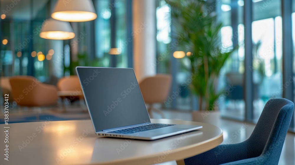 Poster laptop on a round table in a modern office setting with a soft, blurred background.